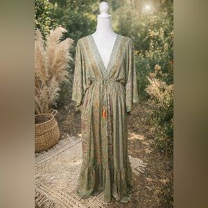 Olive Paisley Maxi Dress with Tassel Tie
